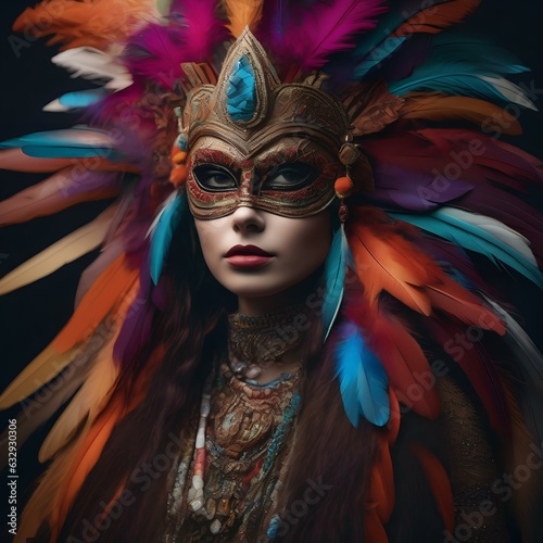 A portrait of a person with a mask adorned with colorful feathers, evoking a sense of wild spirit1 photo