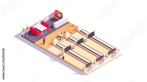 Bowling center, people throwing ball, game equipment, recreation, score, strike, sport, club activity, competition, play, hobby, interior. Isometric vector illustration.