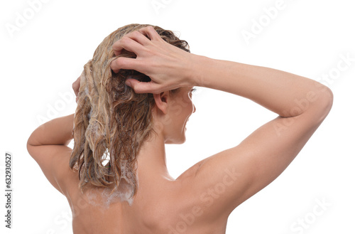 Woman washing hair with shampoo on white background