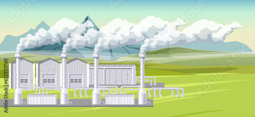 Geothermal ecological electricity, energy generator, power plant, renewable, thermal water resource, environmental, alternative. Field, mountain. Vector illustration.