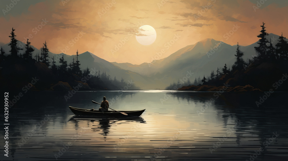 A serene lake with a man gracefully rowing in a small boat