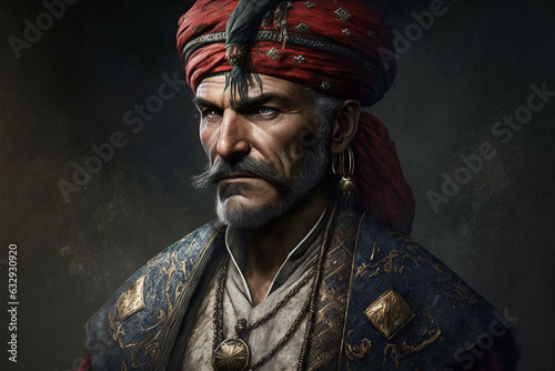 Ottoman man with turban on his head. Turkish general or old pascha army man with fierce look. Sultan concept. Ai generated