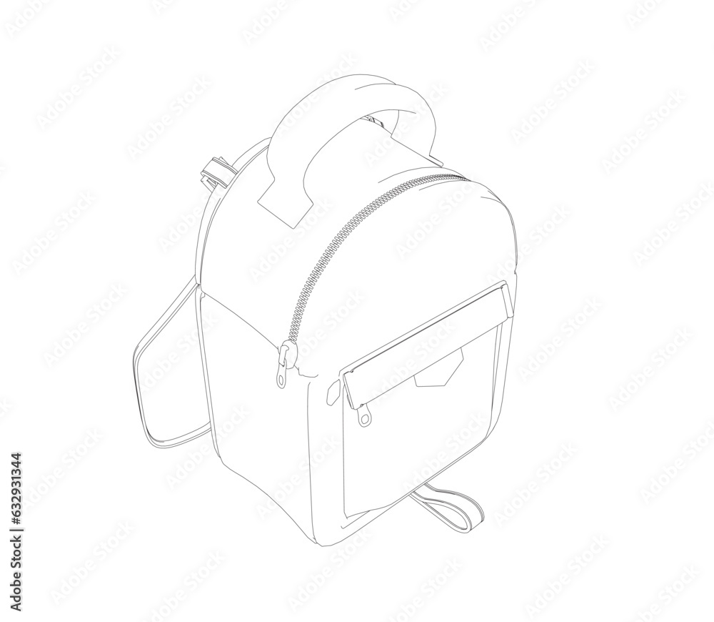 Outline of School backpack. Black and white rucksack. Front view travel