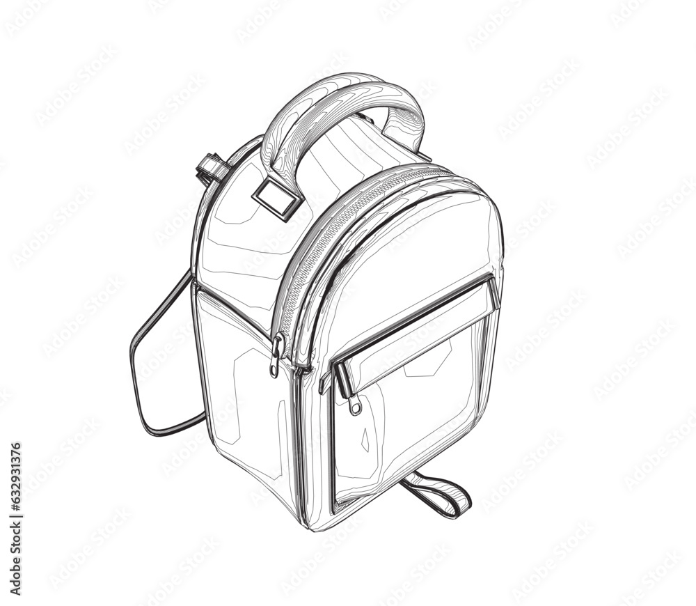 Outline of School backpack. Black and white rucksack. Front view travel