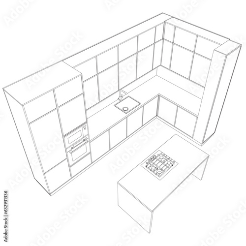 Interior contour of kitchen room. Outline blueprint design of kitchen with modern furniture. Stylish interior of kitchen full of modern furniture, household appliances, cooking facilities.
