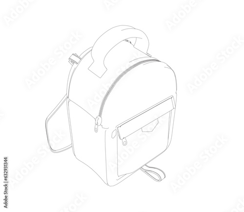 Outline of School backpack. Black and white rucksack. Front view travel bag. Vector illustration. Education and Work - School and Office Supply - Black Backpack with Strap Isolated on White Background