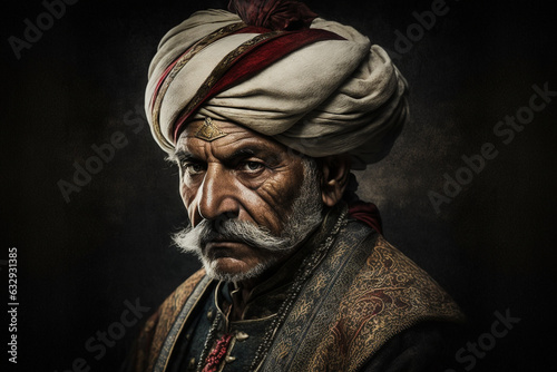 Ottoman man with turban on his head. Turkish general or old pascha army man with fierce look. Sultan concept. Ai generated