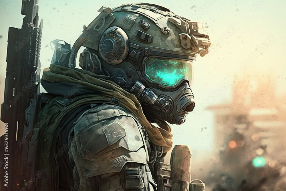 Futuristic soldier in a military costume gear. War soldier concept. Ai generated Futuristic soldier in a military costume gear. War soldier concept. Ai generated