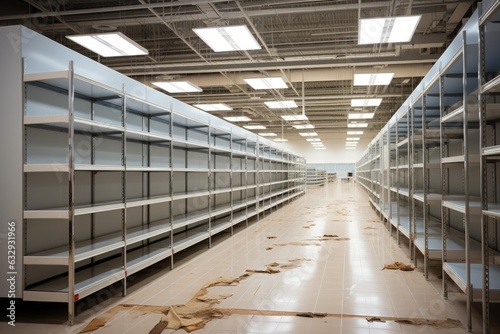 Empty rack shelf in mega storehouse. Logistic concept. Generative AI