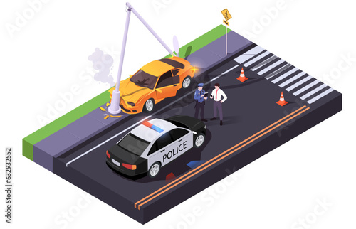 Car accident, vehicle wreck, road, street, crosswalk, automobile, police, transport. Insurance, repair, service, broken coupe, damage, caution. Isometric vector illustration.