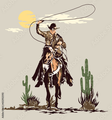 vintage cowboy riding horse in a desert illustration