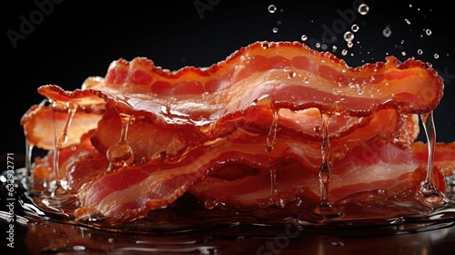 Close-Up of crispy bacon with melted oil on black and blurry background