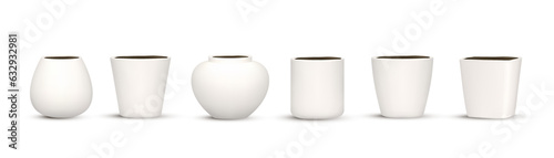 Ceramic pot set. Clay vase collection. Cylinder, object for decoration. Design urn decor. Terracota vessel. Classic clean form. Porcelain craft. Isolated on white background. Vector illustration