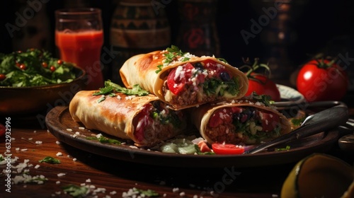 Close-Up of chimichanga full of vegetables, meat and mayonnaise prints on wooden table