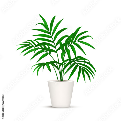 Palm in pot. Tropical houseplant. Decorative garden tree. Green indoor interior. Flower vase. Office exotic fresh design. Floral element. Isolated on white background. Vector illustration