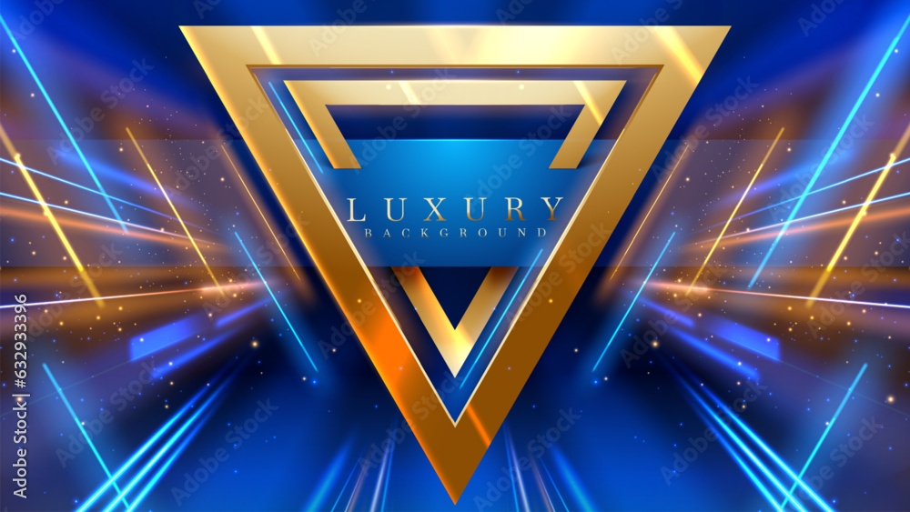 3d gold triangle frame with blue neon effects elements with glitter light decorations and bokeh. Vector illustration.