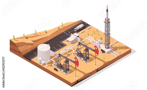 Oil plant. Fuel well. Energy industry. Business factory structure. Gasoline pump. Machine production. Oilfield in desert. Storage tank. Petrol transportation. Isometric vector illustration