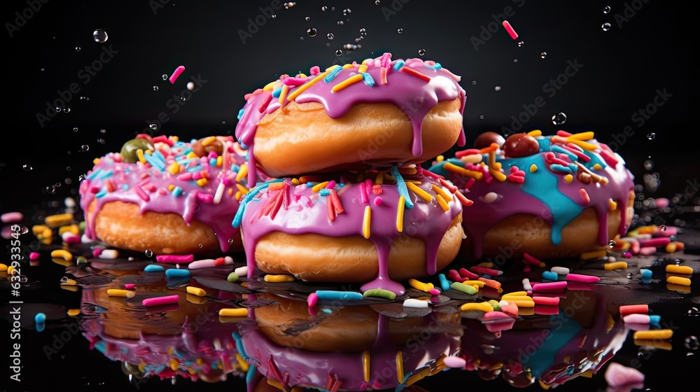 Close-Up of sweet donuts filled with melted chocolate and sprinkles with a blurred background Close-Up of sweet donuts filled with melted chocolate and sprinkles with a blurred background