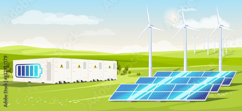 Wind farm. Solar panels. Renewable energy resource. Ecology, environment. Electricity production technology. Industrial generator. Green eco station. Concept of modern city. Vector illustration