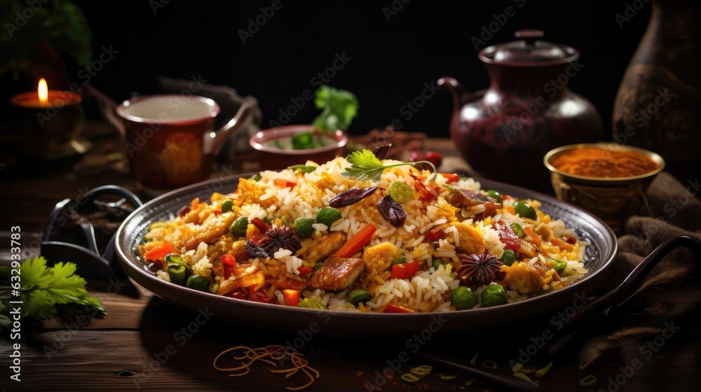 Close-Up of Fried rice with chopped vegetables and meat on a plate with a blurry background Close-Up of Fried rice with chopped vegetables and meat on a plate with a blurry background