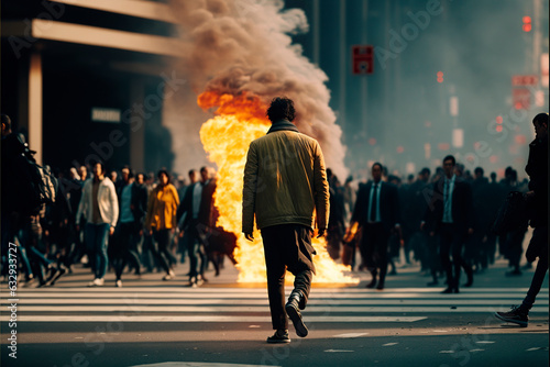Riots in the city, people walking in the street while there are isolated fires in the city, image created with ai