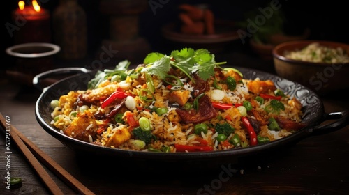 Close-Up of Fried rice with chopped vegetables and meat on a plate with a blurry background