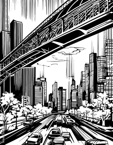 A striking monochrome vector illustration featuring a sleek cityscape with bridges and skyscrapers. Clean lines and high contrasts create a chic, minimalist look. 