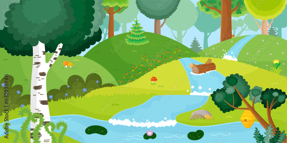 Obraz premium Summer forest scenery. Nature landscape. Hill, tree, river. Grass view. Green valley. Wave flow. Floral outdoor. Trunk in water. Dense woods. Terrain art. Natural pond. Vector illustration