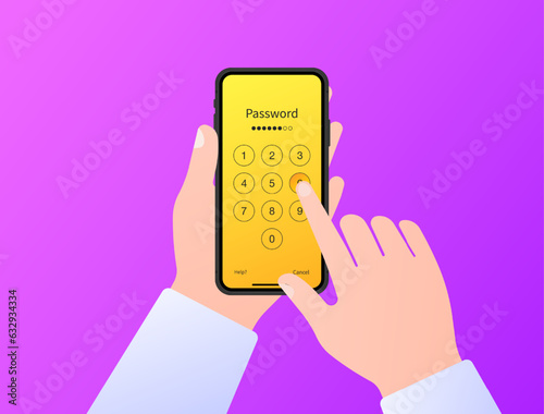 Phone PIN. Flat, color, a person enters a pin code, pin code of the screen. Vector illustration