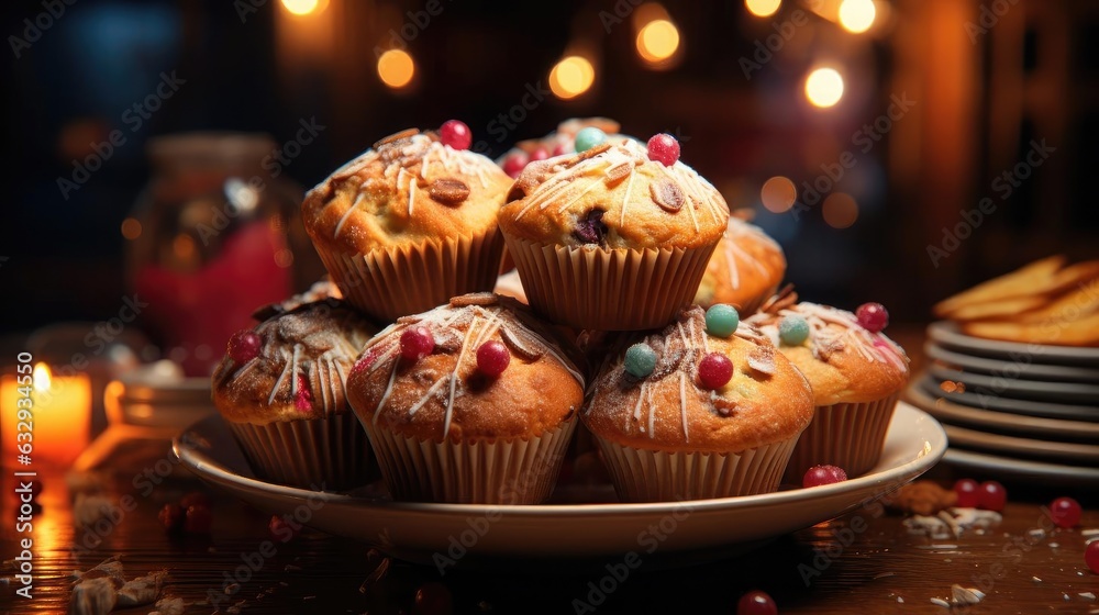 Close-Up of sweet muffins topped with chocolate chips with cinematic light and blurred background Close-Up of sweet muffins topped with chocolate chips with cinematic light and blurred background