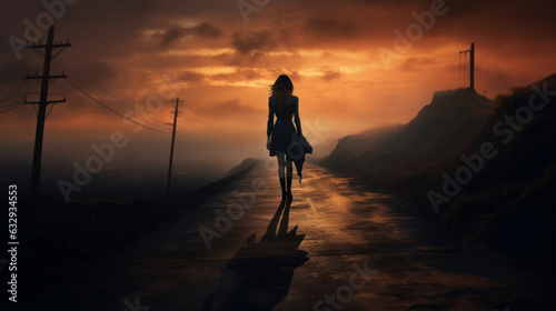 A woman walking down a road at sunset