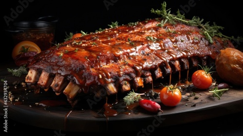 Close-Up of smoky barbeque ribs with barbeque sauce and chopped vegetables on a wooden table