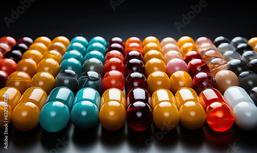 Background of colored pills and capsules close-up.