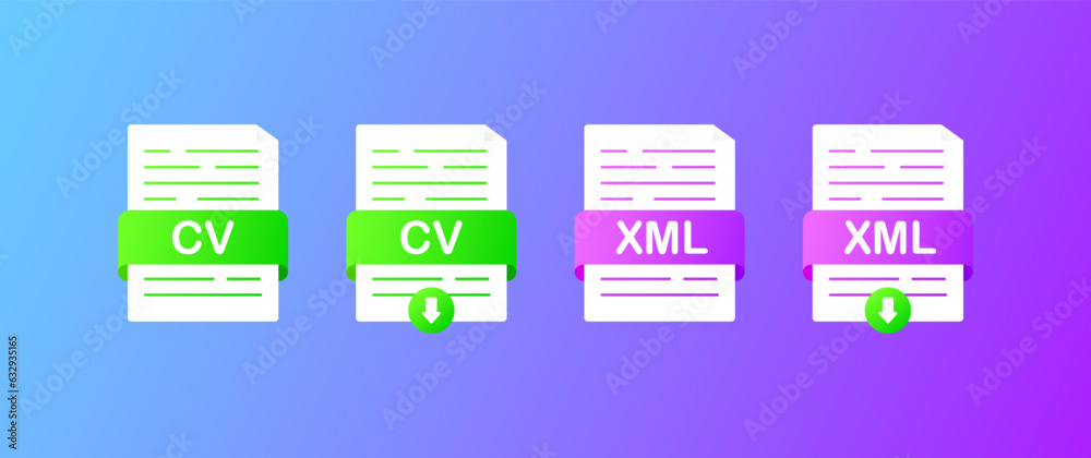CV and XML. Flat, color, CV resume, XML. Vector illustration