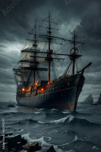 a pirate ship pulling into a foggy port during a stormy night © Frozen Design