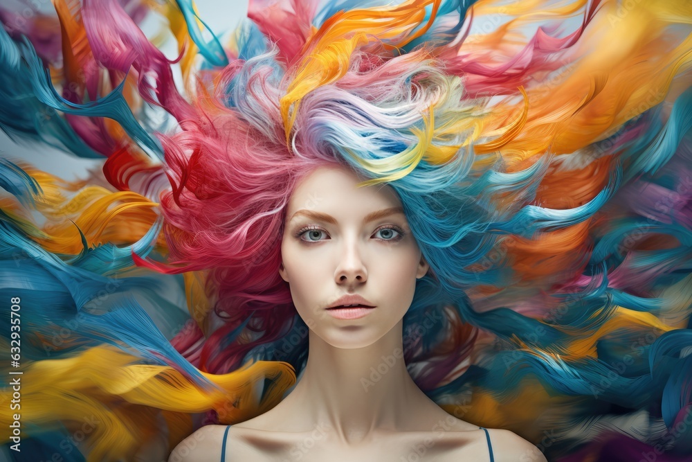 Gen z young girl with colourful hair flying around. creative headshot portrait. Stylish unique appearance.