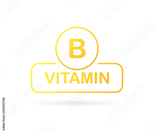 Vitamin B. Flat, yellow, vitamin B sign, vitamins for health. Vector illustration