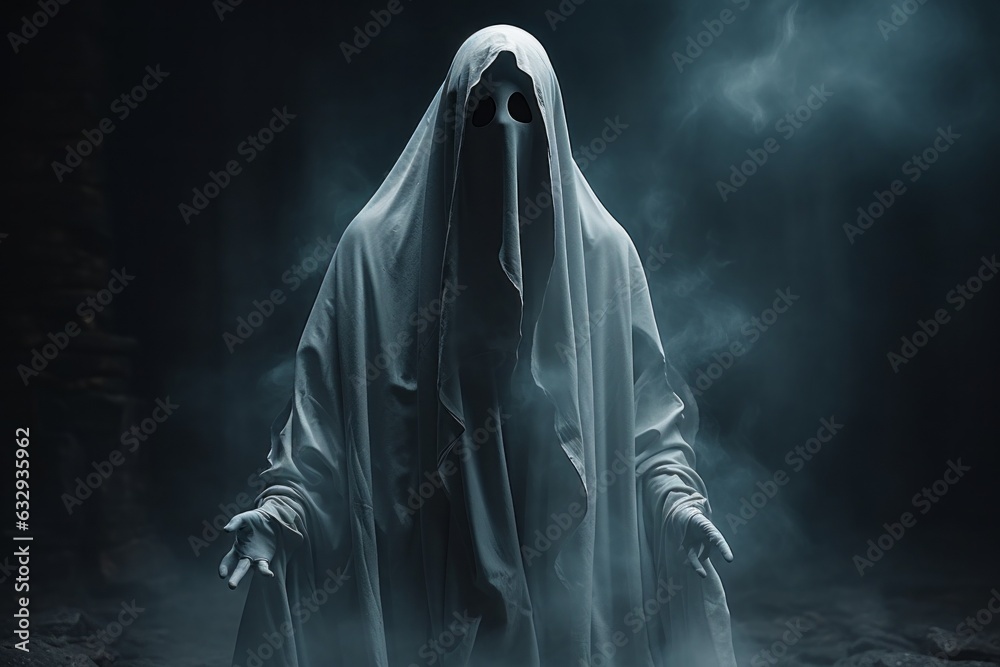 White sheet ghost costume. Ghost Challenge. Halloween concept. Background with selective focus and copy space White sheet ghost costume. Ghost Challenge. Halloween concept. Background with selective focus and copy space