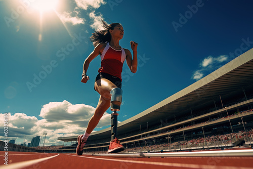 Fototapeta Paralympic Athlete: Determined Woman Training in Stadium with Prosthetic Leg