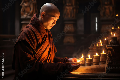 Buddhist Monk Lighting Candles in Temple Sanctuary.
