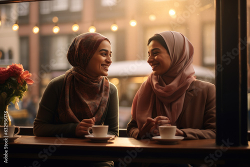 Empowered Muslim Lesbian Couple: Two Veiled Women in a Café.