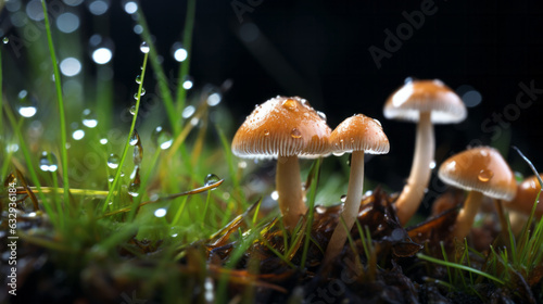 A cluster of mushrooms in a vibrant green field photo