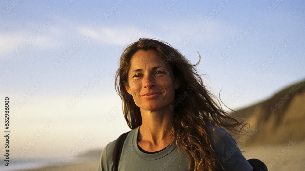 50 year old female surfer sitting at the beach, looking at the camera, relaxed, in front of the ocean, aperture 2.8, 70mm, analog photography look, kodak gold 400, ai generated 