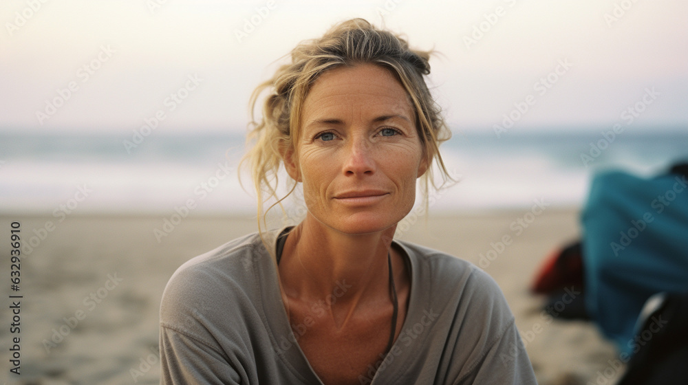 50 year old black female surfer sitting at the beach, looking at the camera, relaxed, in front of the ocean, aperture 2.8, 70mm, analog photography look, kodak gold 400, ai generated
