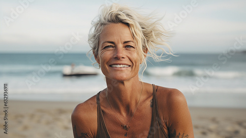 50 year old female surfer sitting at the beach, looking at the camera, relaxed, in front of the ocean, aperture 2.8, 70mm, analog photography look, kodak gold 400, ai generated 