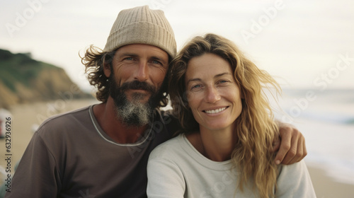 50 year old surfer couple sitting at the beach, looking at the camera, relaxed, in front of the ocean, aperture 2.8, 70mm, analog photography look, kodak gold 400, ai generated photo