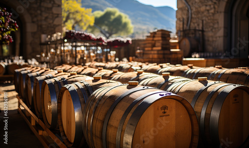 Fotografia Landscape with wine barrels in the vineyards.