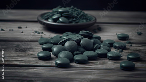 Spirulina powder and tablets on grey wooden table 