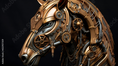 Steampunk golden mechanical horse head