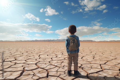 Boy views dry lake, raising climate, drought concern.